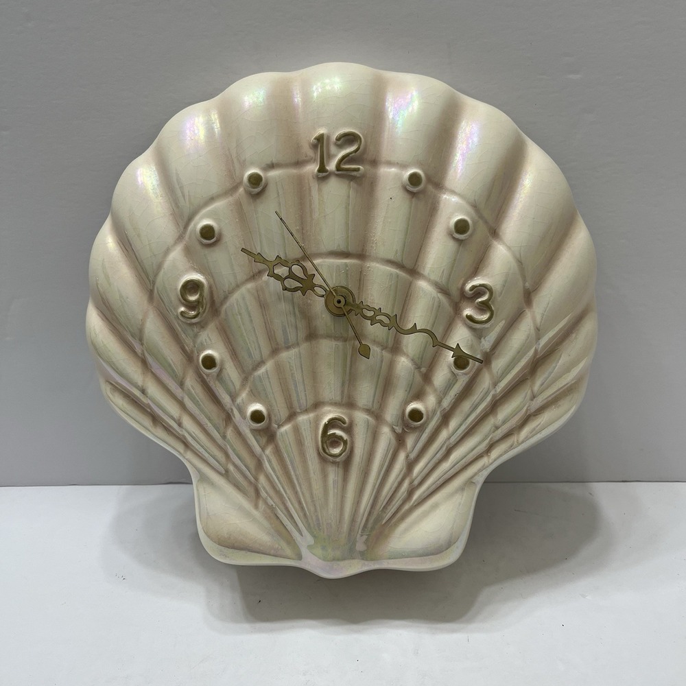 Vintage Iridescent Shell Shaped Wall Clock Pearlesce Pink Gold Tone Hands 8x8"